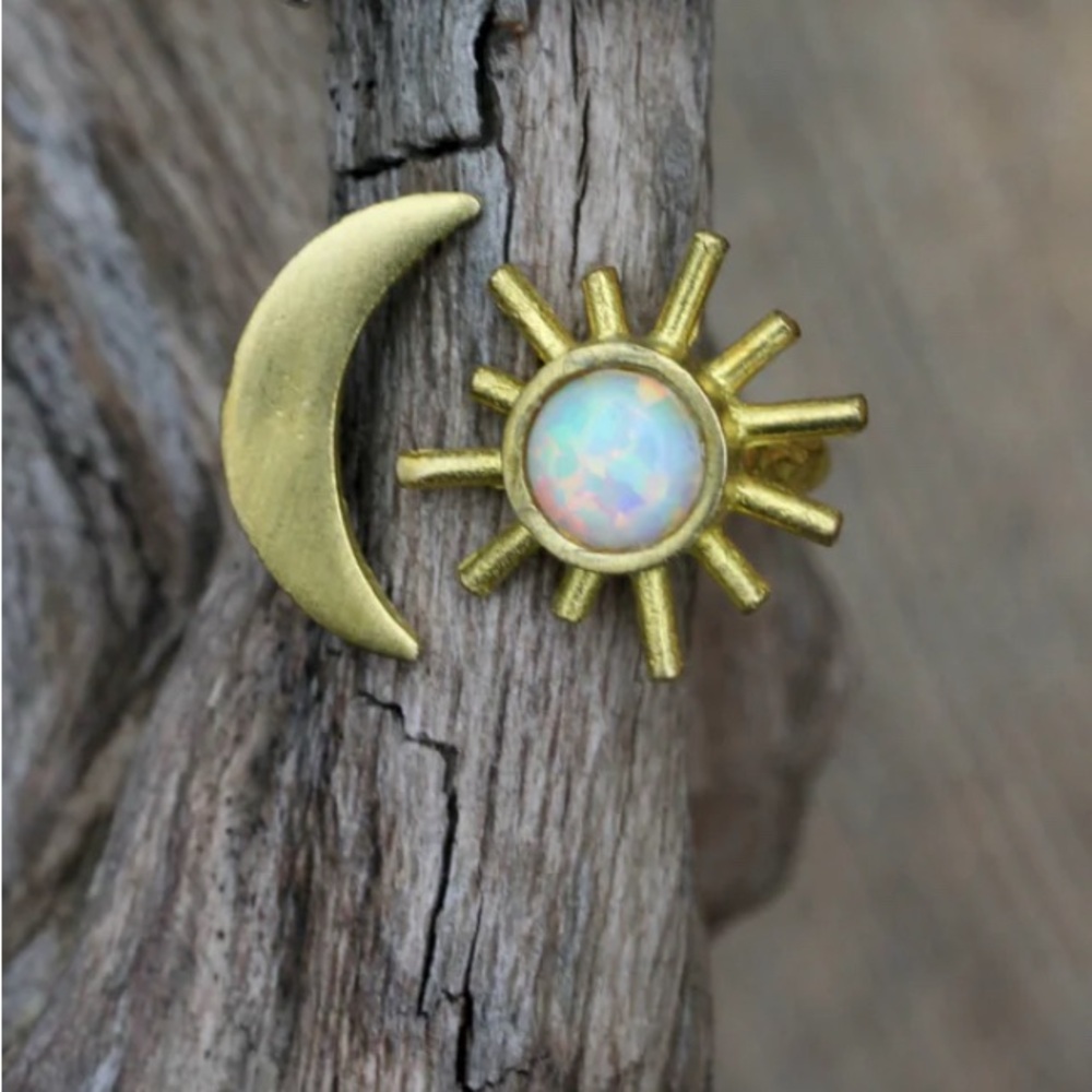 Handcrafted Opal Moon & Sun Brass Ring